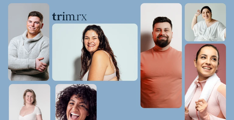 A collage of smiling TrimRx GLP-1 weight-loss program members of different ages and body types
