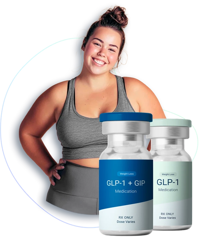 A smiling woman next to two TrimRx GLP-1 and GLP-1 + GIP weight-loss medication vials marked prescription only
